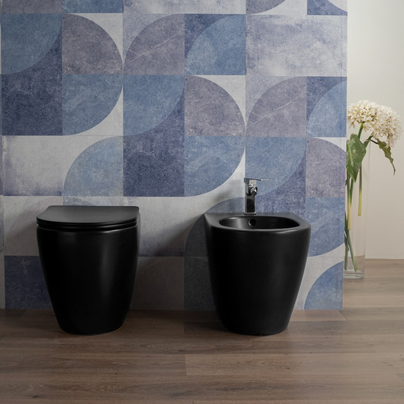 Sanitari Sospesi Vienna Nero Opaco - WC E Bidet Rimless Con Sedile Soft-Close, Design Moderno - Foto 8